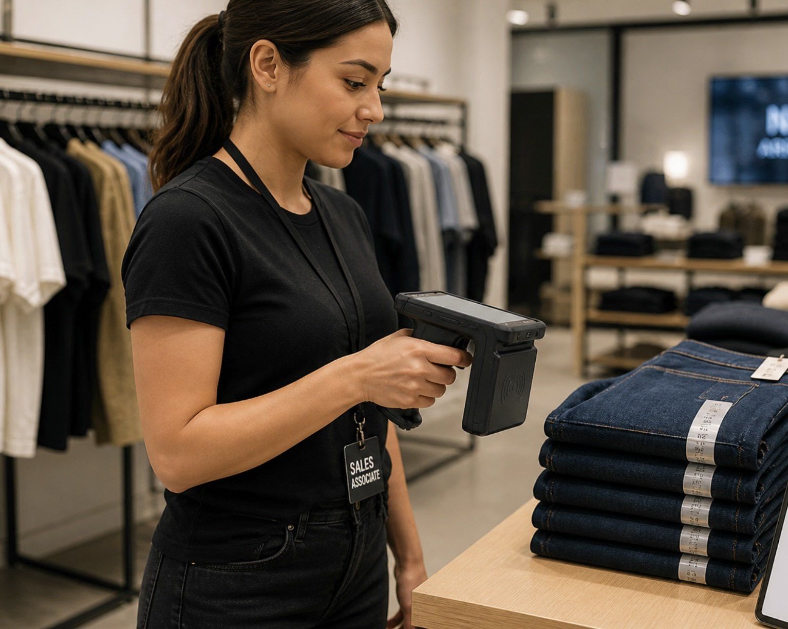 RSG technician setting up an RFID inventory system in a retail store